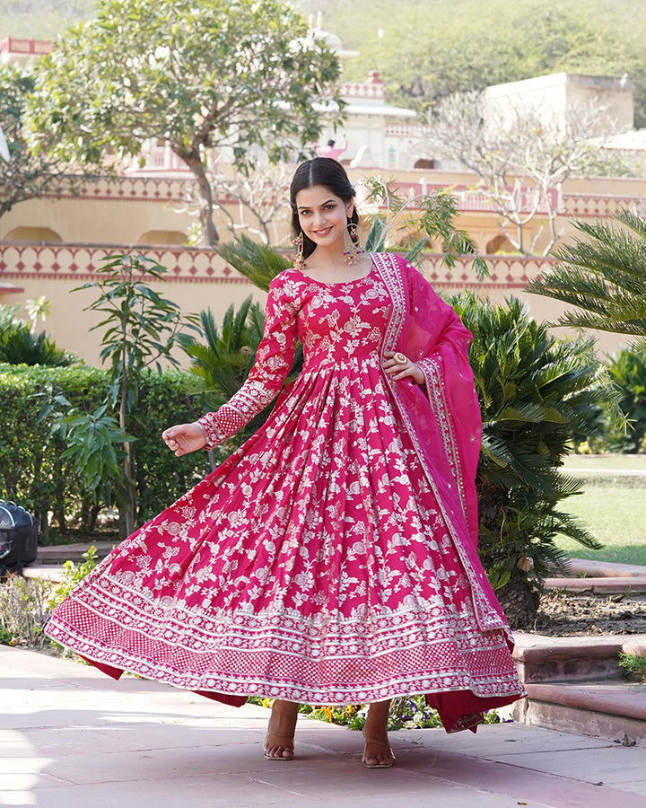 Beautiful Pink Color Viscose Jacquard Gown With Russian Silk Dupatta