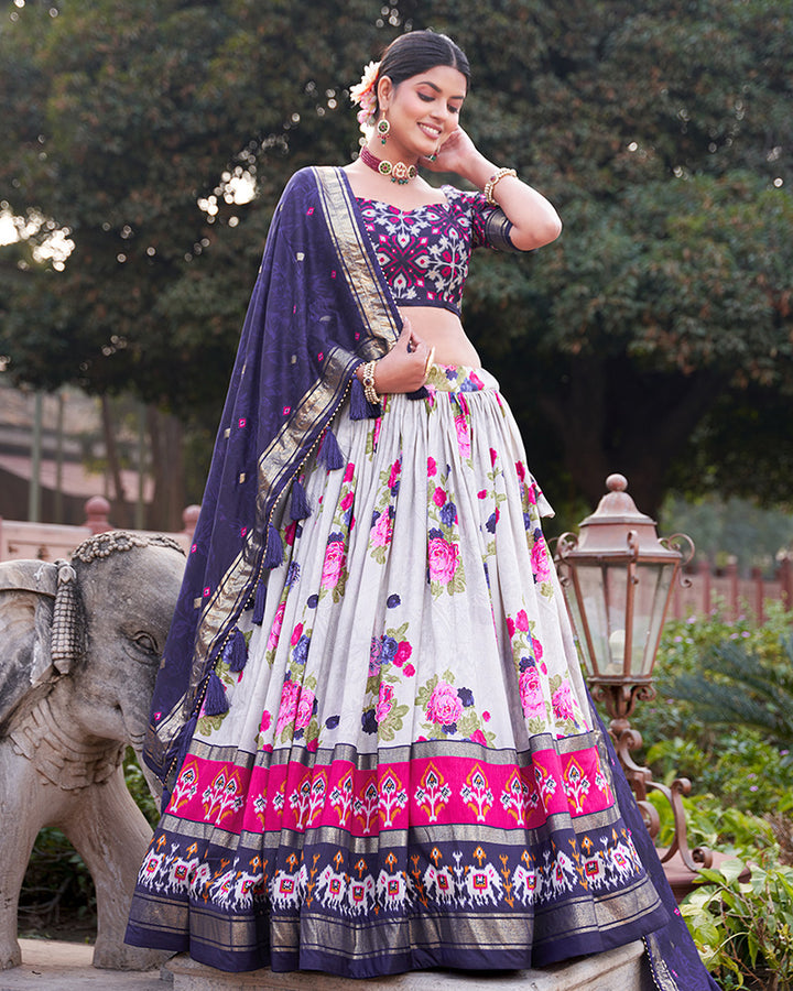 Navy Blue Color Tussar Silk Floral And Patola Print Lehenga Choli