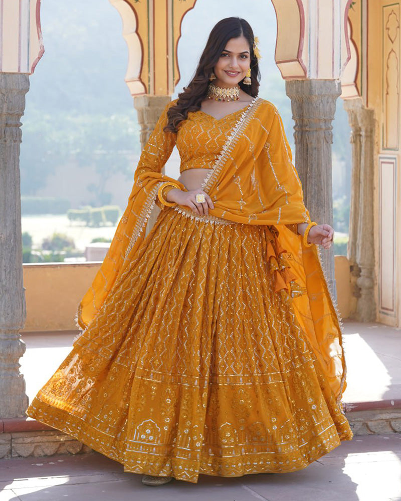 Latest Design Yellow Color Georgette Semi Stitched Lehenga Choli