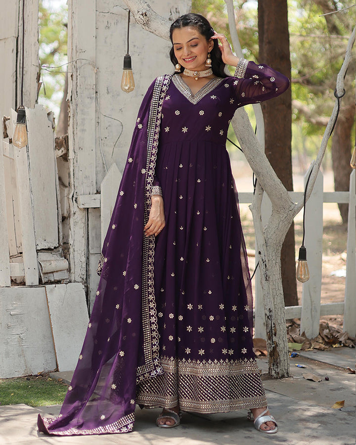 Purple Color Georgette Gown With Embroidered Dupatta