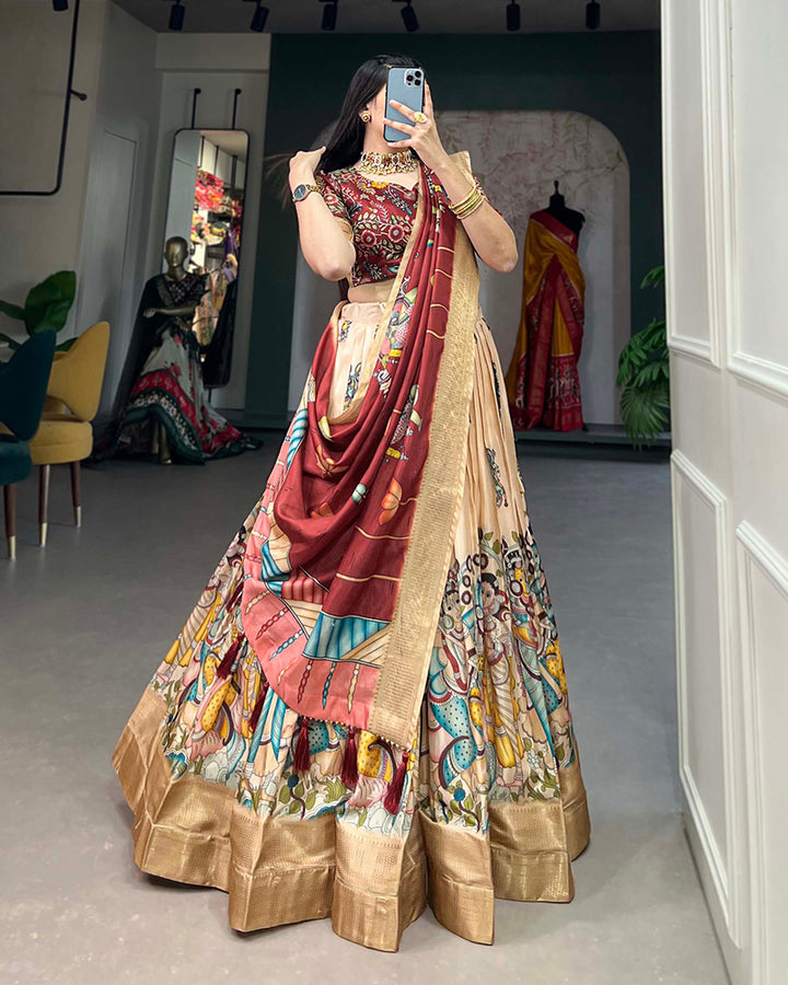 Exclusive Designer Cream Color Kalamkari Printed Dola Silk Lehenga Choli