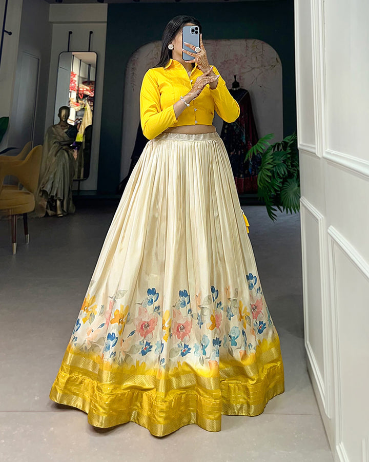 Yellow Color Fully Stitched Dola Silk Lehenga Choli