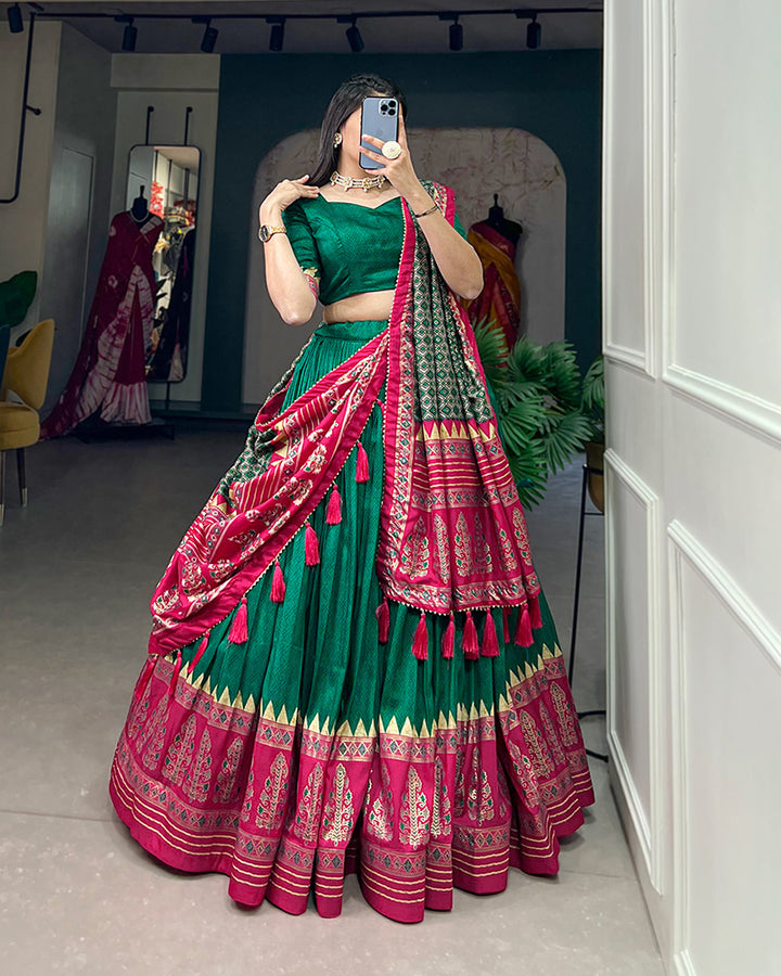 Green Color Tussar Silk Foil Print Designer Semi Stitched Lehenga Choli