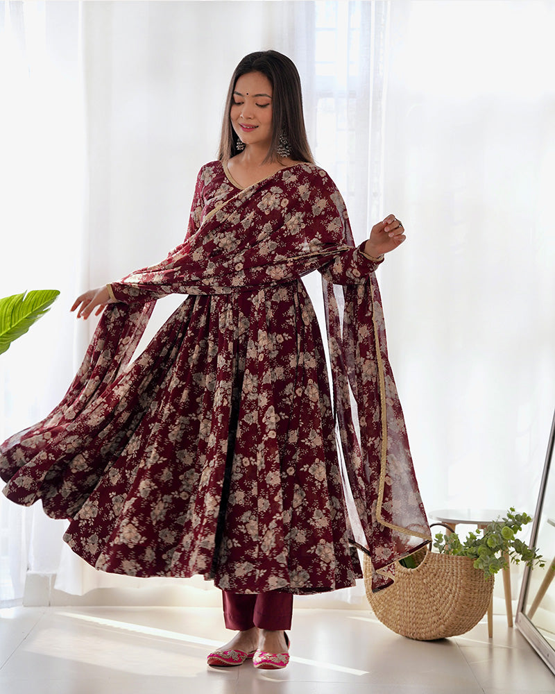 Dark Maroon Floral Printed Georgette Anarkali Suit