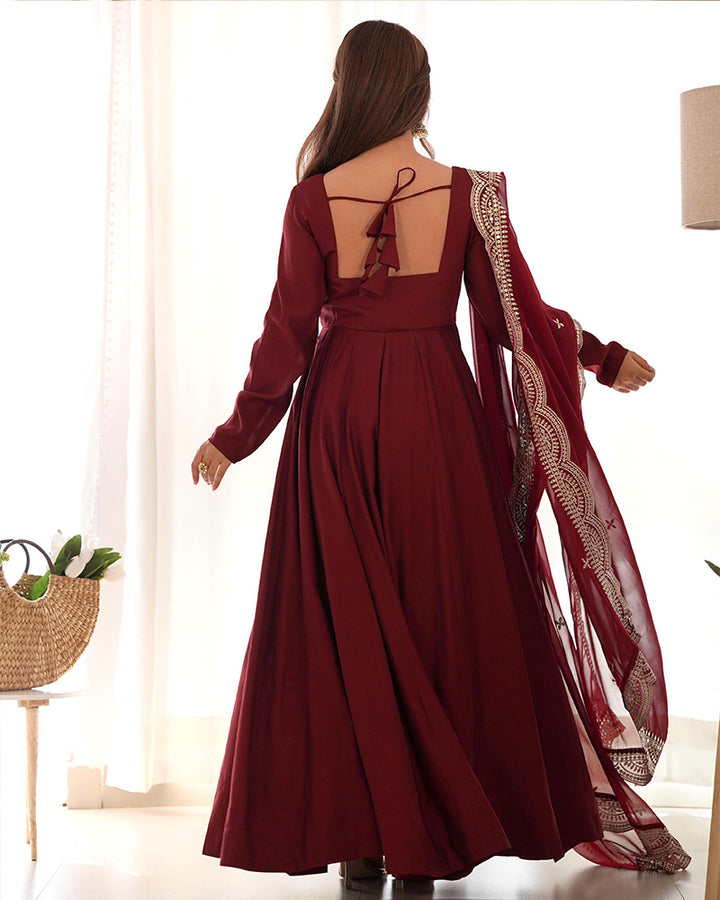 Maroon Color Chanderi Silk Three Piece Anarkali Suit