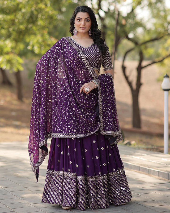 Wedding Wear Dark Purple Color Blooming Embroidered Lehenga Choli