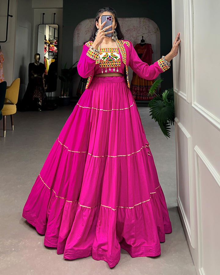 Pink Color Pure Rayon Frill And Gamthi Work Navratri Lehenga Choli