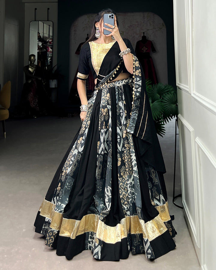 Black Color Rayon And Tussar Silk Printed Navratri Lehenga Choli