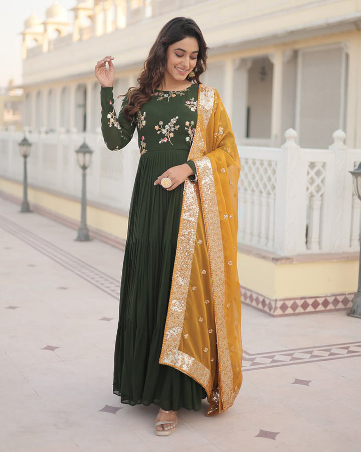 Olive Green Color Georgette Frill Gown With Designer Dupatta