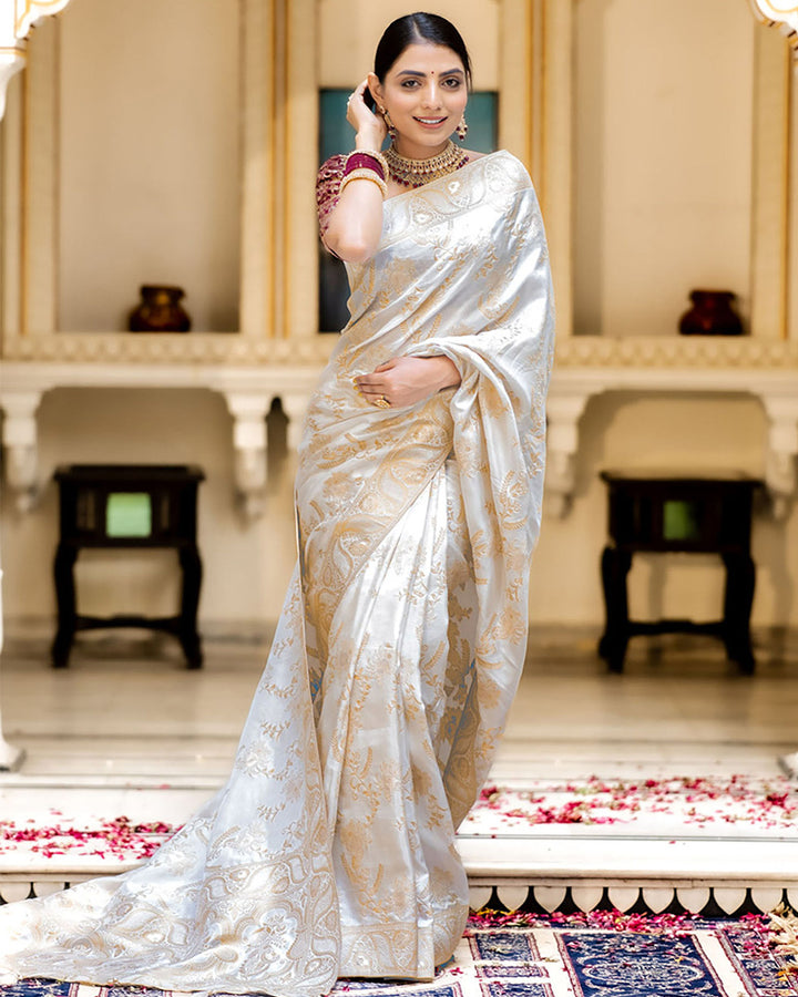 Designer White Color Jacquard Weaving Banarasi Silk Saree