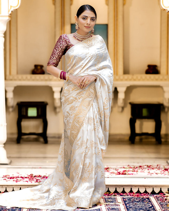 Designer White Color Jacquard Weaving Banarasi Silk Saree