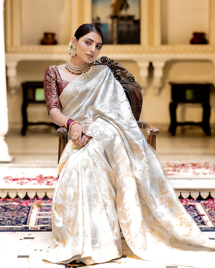 Designer White Color Jacquard Weaving Banarasi Silk Saree