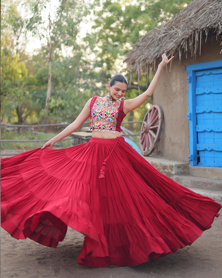 Maroon Color Rayon Frill And Embroidered Navratri Lehenga Choli