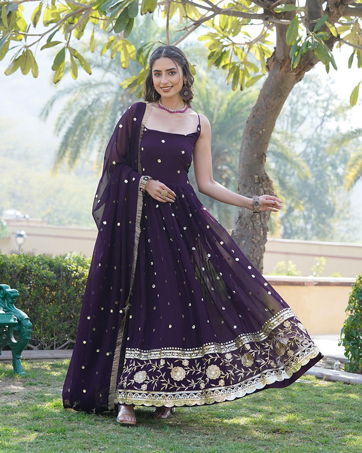 Beautiful Wine Color Anarkali Gown With Sequence Embroidery Dupatta