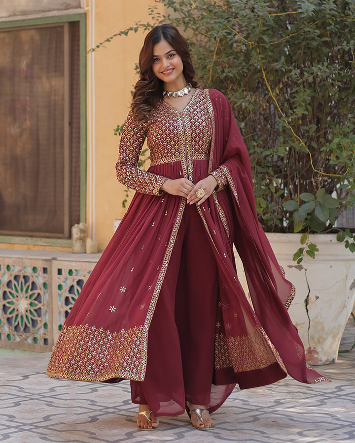 Brown Color Georgette Embroidered Sharara Suit