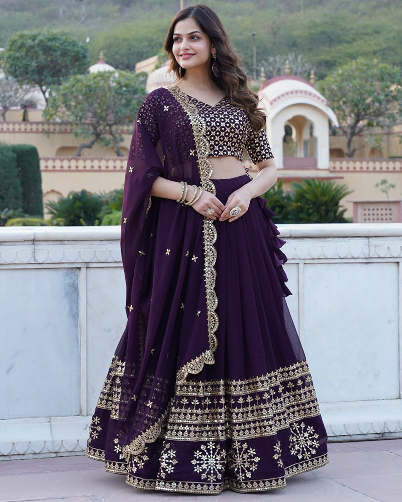 New Design Wine Color Georgette Lehenga Choli With Beautiful Dupatta