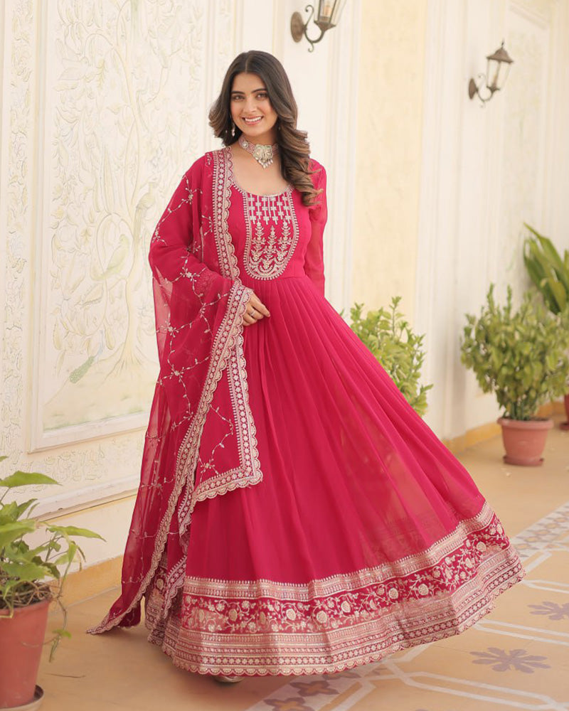 Exclusive Design Pink Color Anarkali Gown With Sequence Embroidery Dupatta