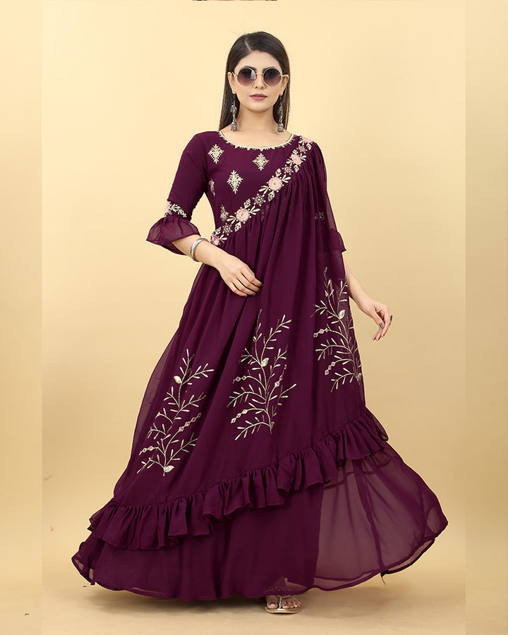 Wine Color Embroidered Georgette Anarkali Gown