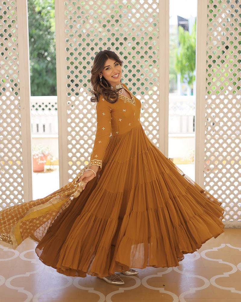 Designer Mustard Color Anarkali Gown With Embroidery Dupatta