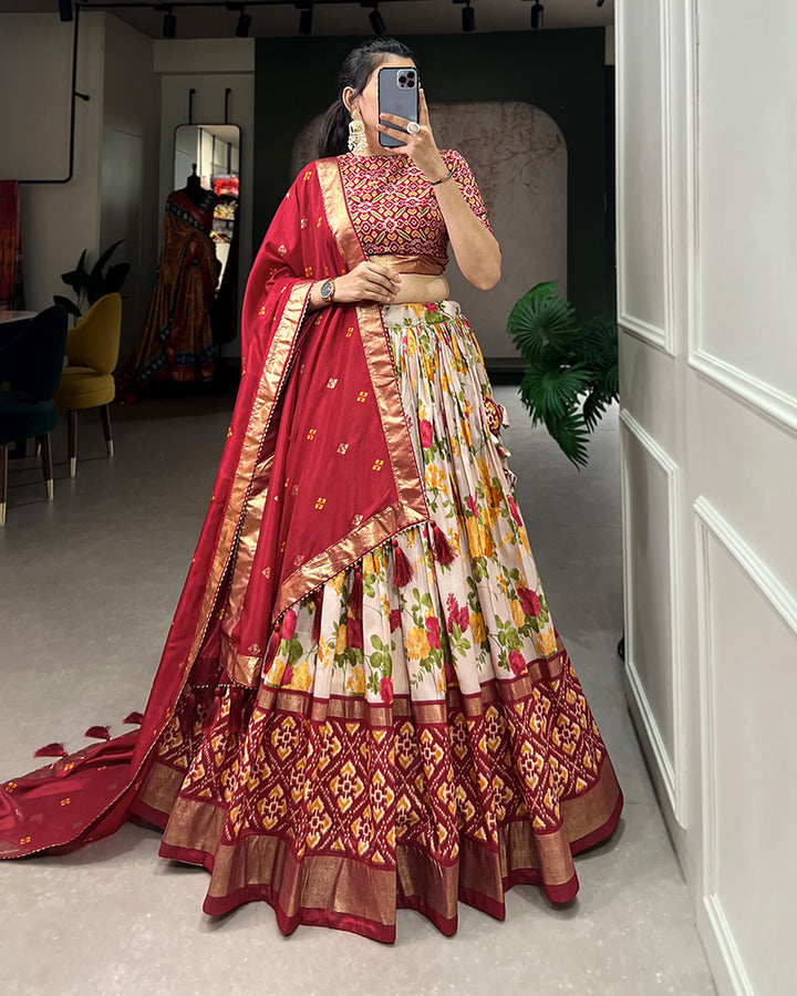 Red Color Floral And Patola Print Tussar Silk Lehenga Choli