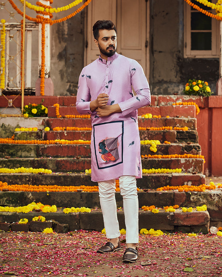 Lavender Color Printed Art silk Men's Kurta