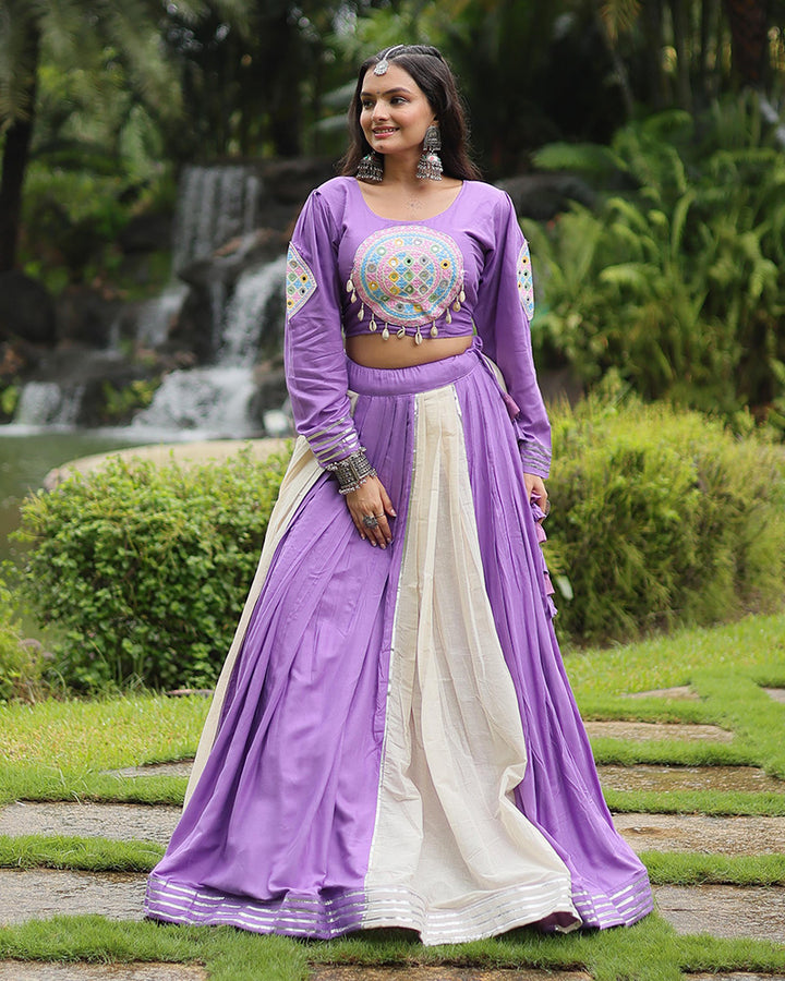 Navratri Wear Lavender And white Color Rayon And Cotton Lehenga Choli