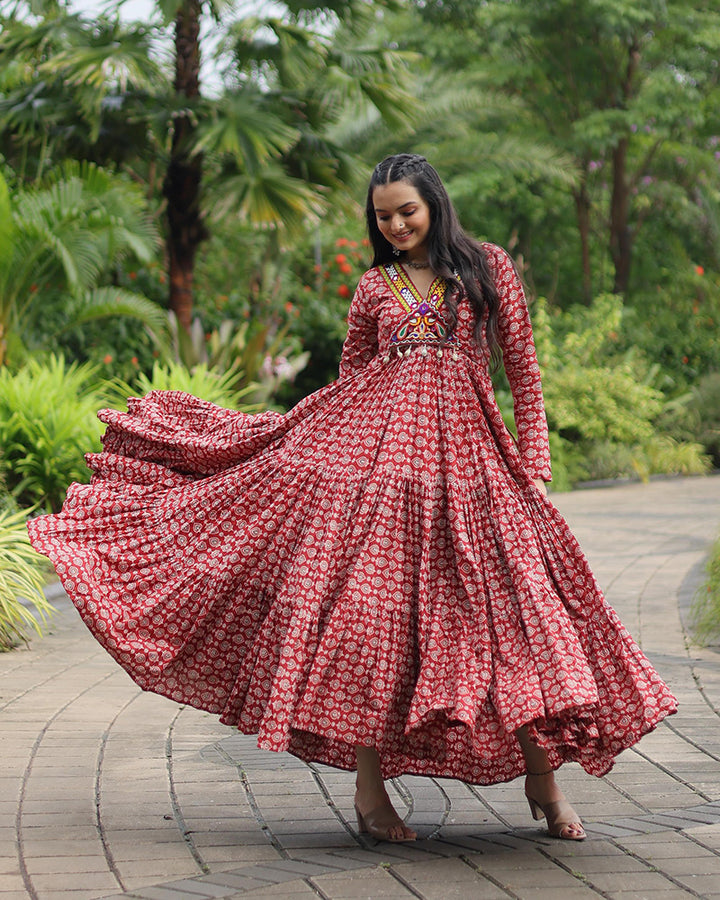 Navratri Special Maroon Color Cotton Gamthi Work Gown