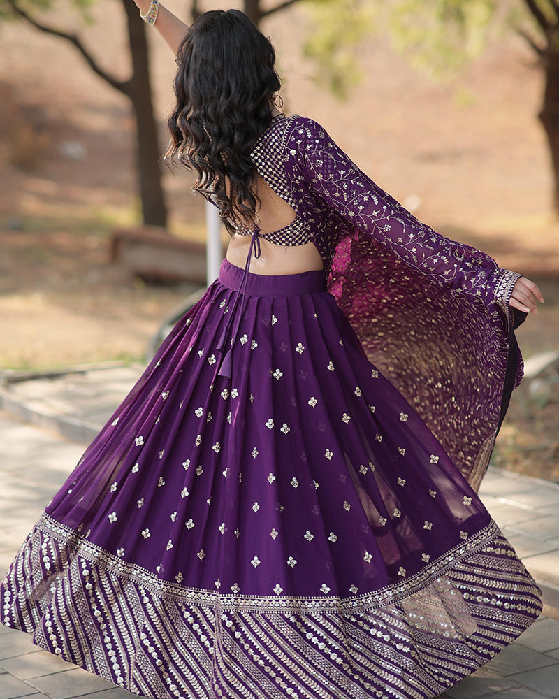 Wedding Wear Dark Purple Color Blooming Embroidered Lehenga Choli