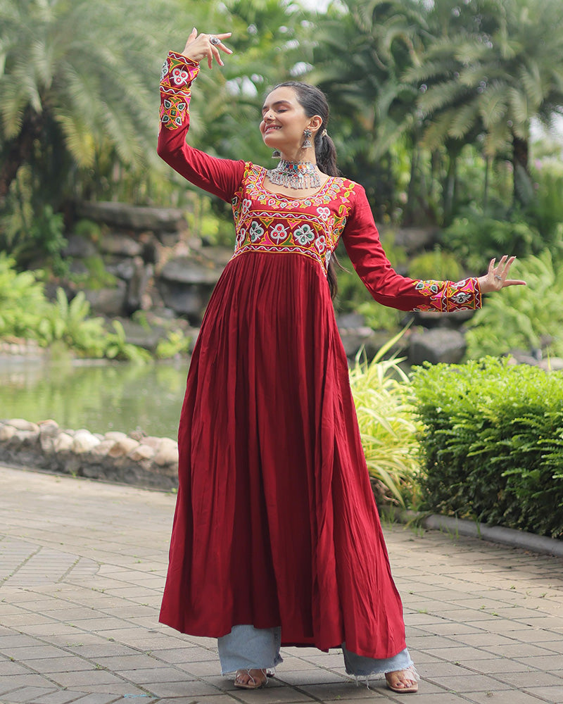 Navratri Special Maroon Color Rayon Kutchi Work Kurti