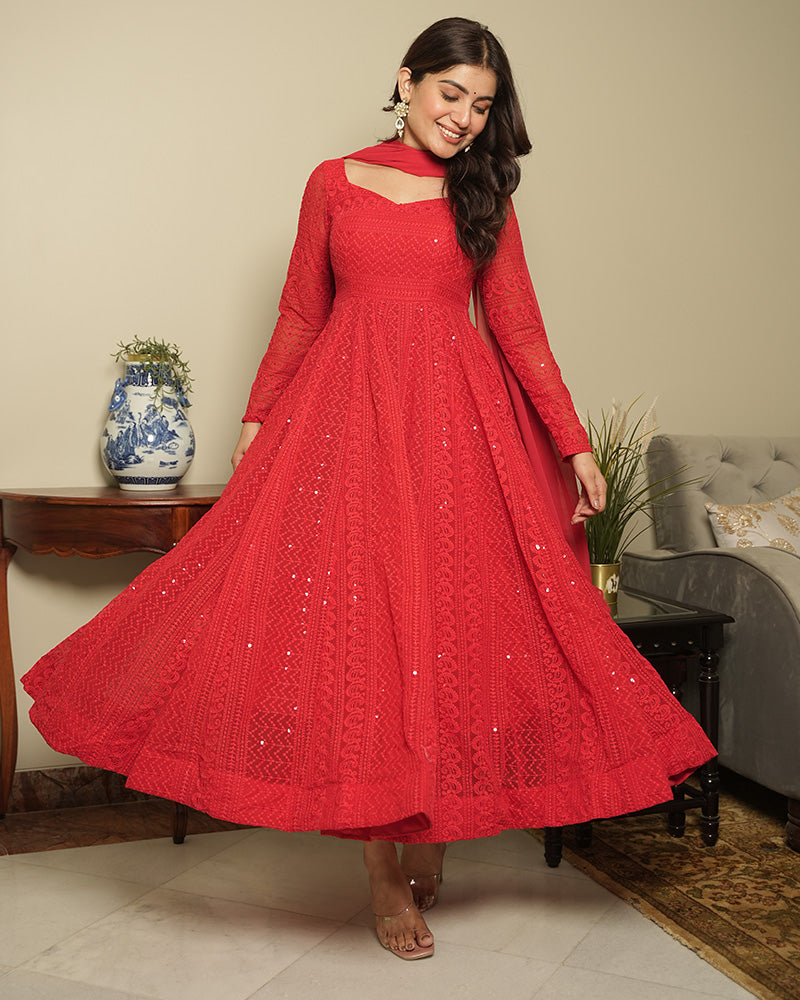 Red Color Soft Georgette Embroidered Lucknowi Anarkali Suit