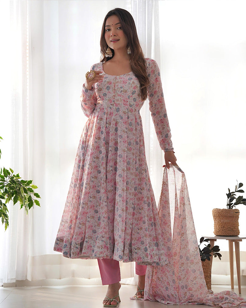 Baby Pink Color Floral Printed Chiffon Three Piece Anarkali Suit