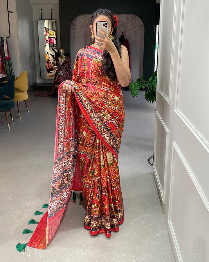 Red Color Pure Gaji Silk Lagdi Patta Patola Printed Saree