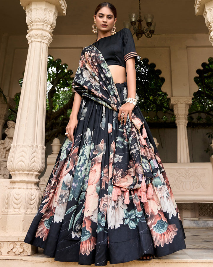 Black Color Floral Printed Tussar Silk Lehenga Choli