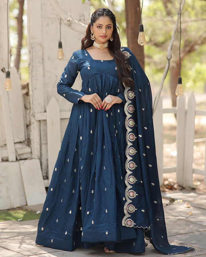 Beautiful Rama Color Shimmer Gown With Embroidered Dupatta