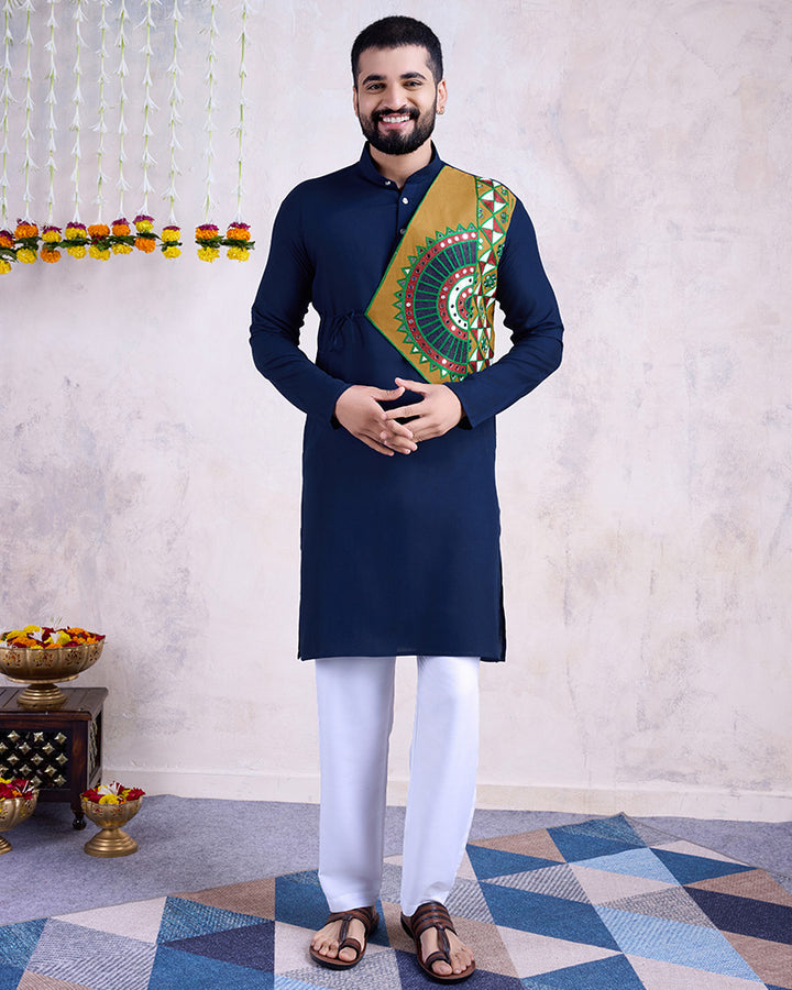 Navy Blue Color Rayon Embroidered Men's Kurta