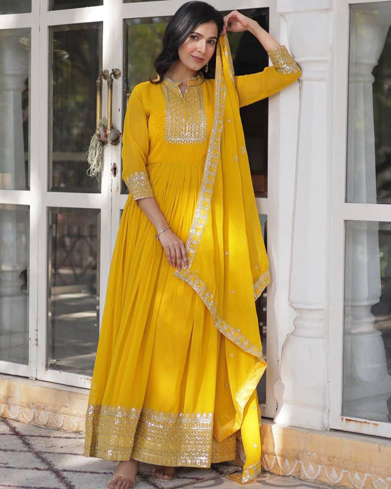 Designer Yellow Color Gown With Sequence Embroidered Dupatta