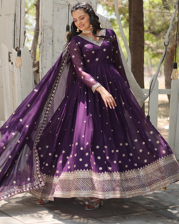 Purple Color Georgette Gown With Embroidered Dupatta