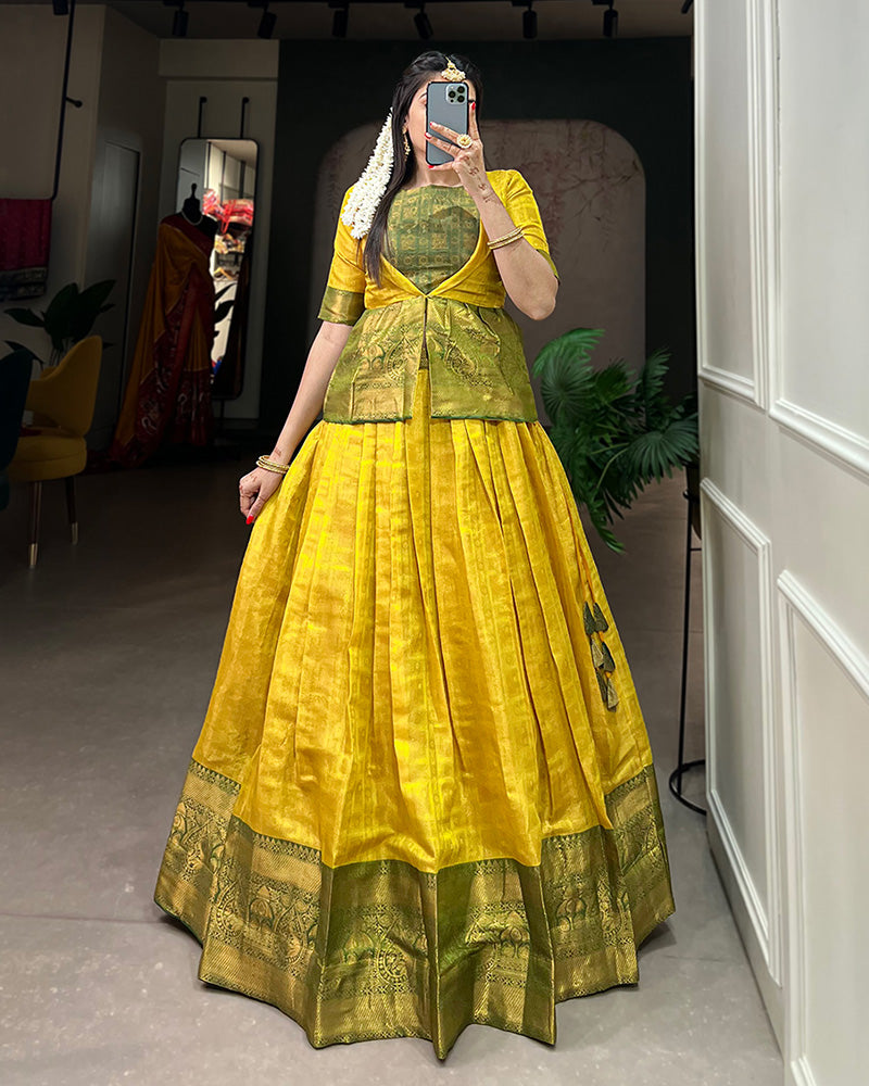 Western Design Yellow Color Kanjivaram Lehenga Choli