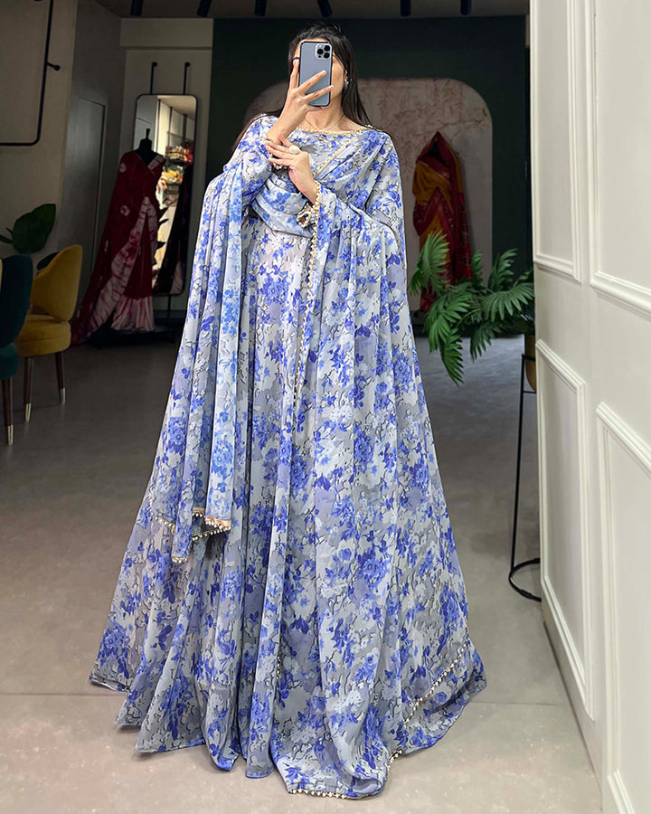 Sky Blue Color Designer Georgette Full Stitched Gown With Dupatta