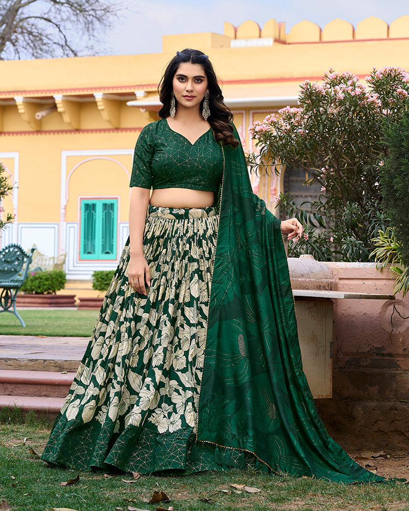 Green Color Floral And Foil Print Tussar Silk Lehenga Choli