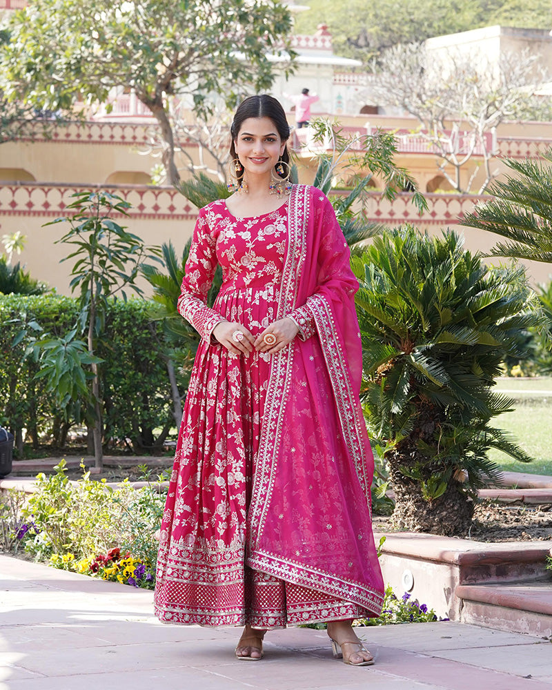 Beautiful Pink Color Viscose Jacquard Gown With Russian Silk Dupatta