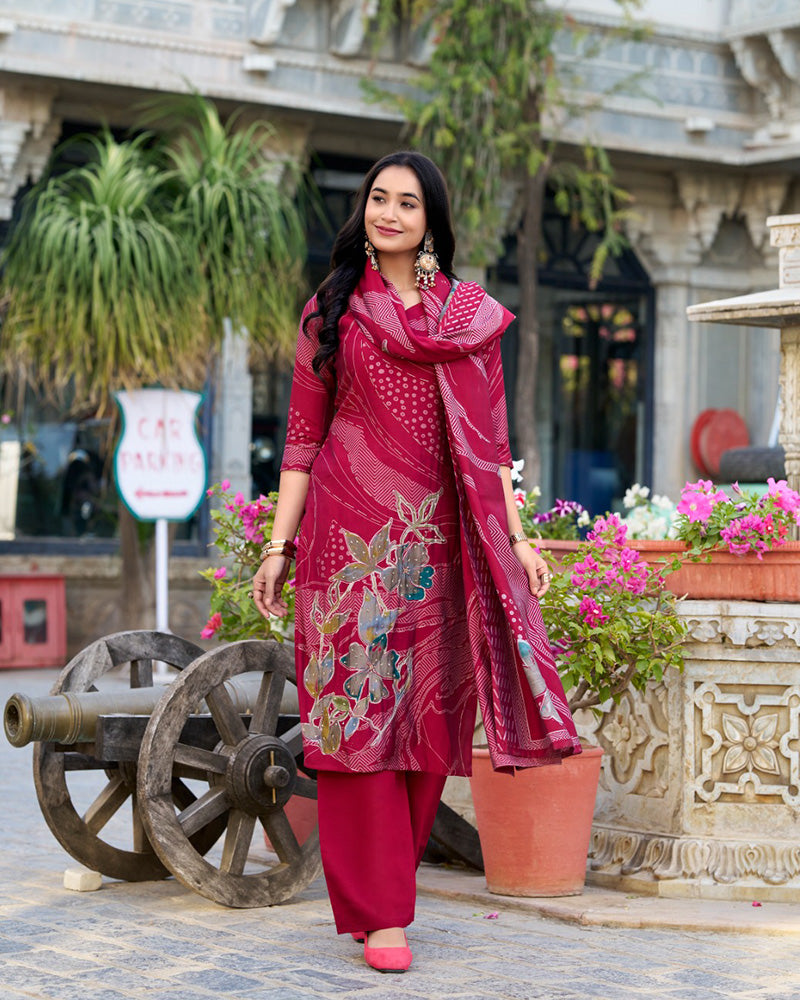 Maroon Color Roman Silk Floral Printed Salwar Suit