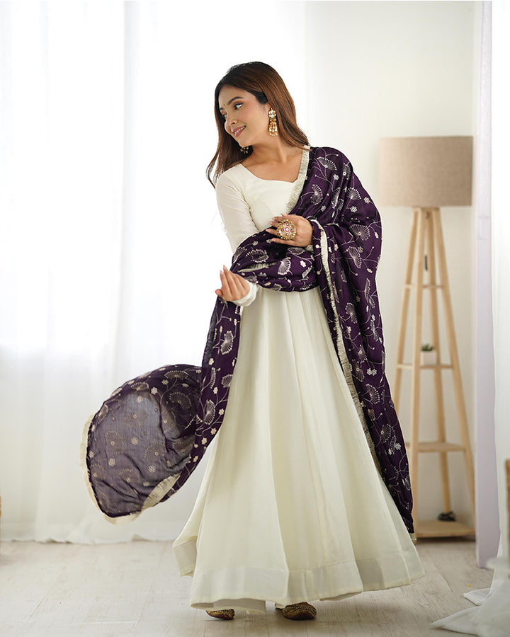 Dark Purple Dupatta With White Color Soft Silk Anarkali