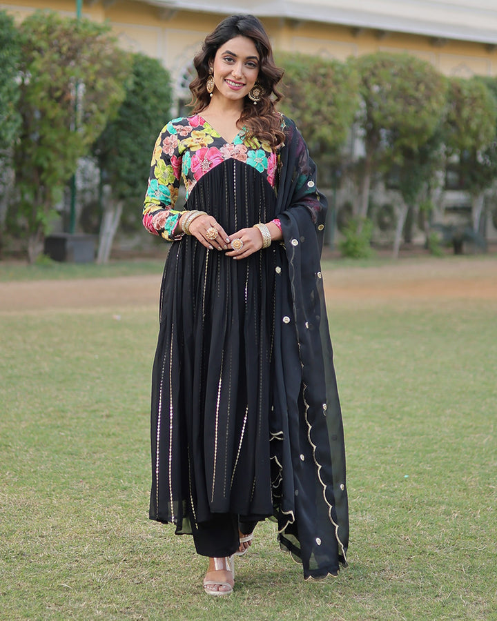 Beautiful Black Color Alia Cut Three Piece Anarkali Suit