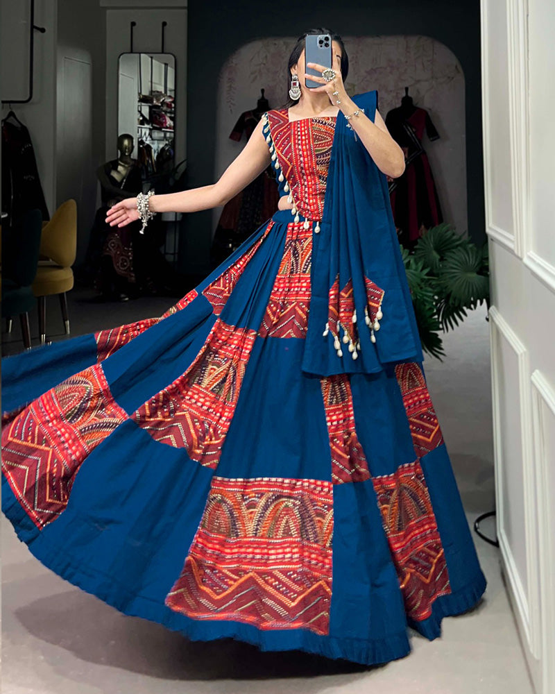 Blue Color Cotton Print And Foil Work Navratri Lehenga Choli