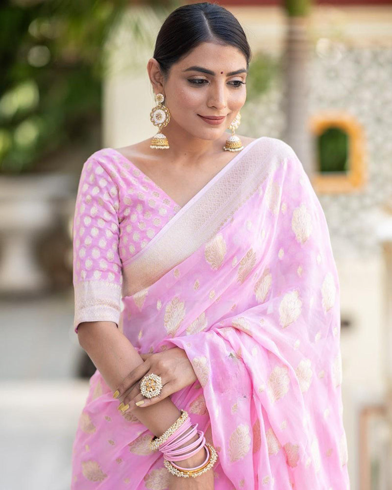 Designer Baby Pink Color Jacquard Banarasi Silk Saree