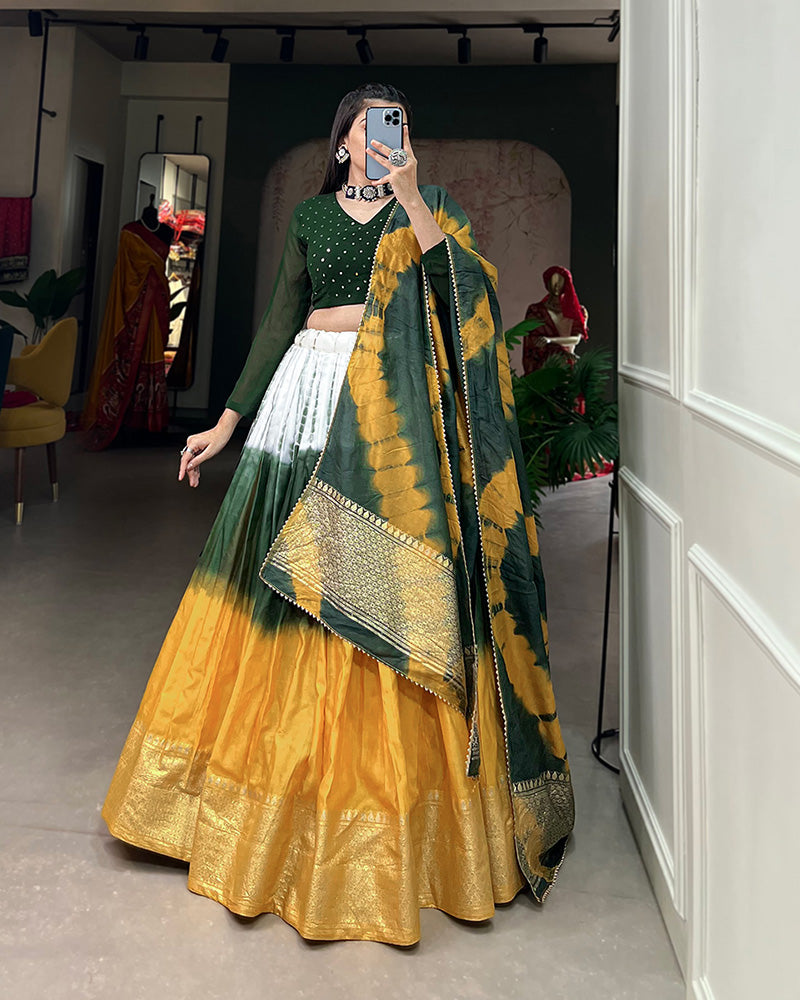 Yellow Color Pure Chanderi Shibori print lehenga Choli