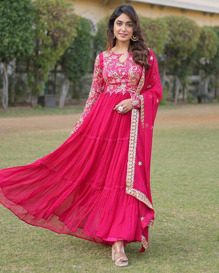 Designer Rani Pink Color Georgette Frill Anarkali Gown With Dupatta