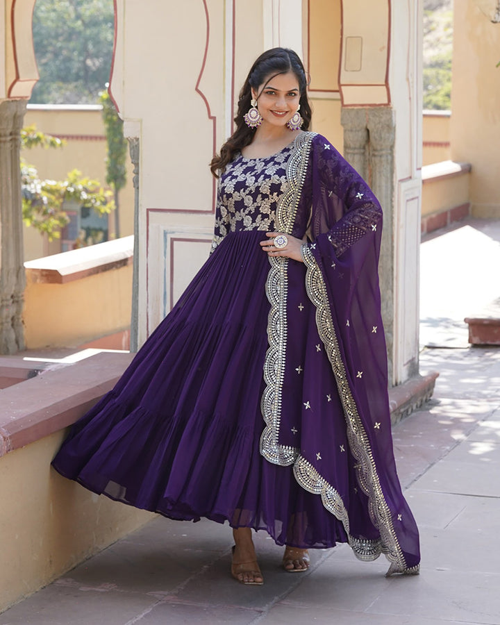 Designer Purple Color Faux Blooming Frill Anarkali Gown With Dupatta