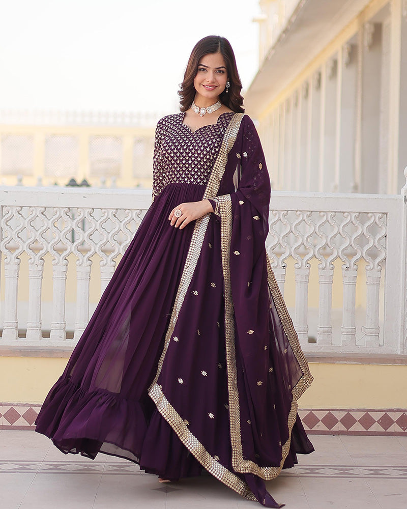 Beautiful Wine Color Blooming Anarkali Gown With Embroidered Dupatta